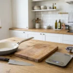5 ustensiles de cuisine à moins de 30 € testés 6 mois : poêle céramique, couteau chef japonais, planche hêtre, balance connectée et presse-ail en inox.