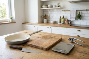 5 ustensiles de cuisine à moins de 30 € testés 6 mois : poêle céramique, couteau chef japonais, planche hêtre, balance connectée et presse-ail en inox.