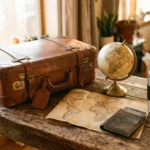Valise vintage, petit globe terrestre et carte pliee sur table en bois, lumiere chaude, illustration voyage pas cher 2026