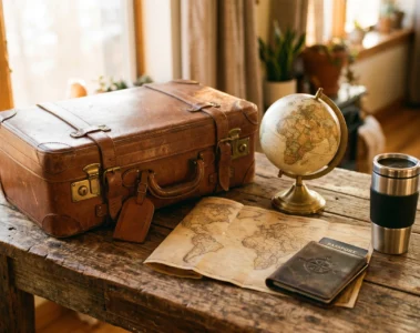 Valise vintage, petit globe terrestre et carte pliee sur table en bois, lumiere chaude, illustration voyage pas cher 2026