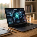 Écran d'ordinateur portable affichant une interface VPN avec carte du monde et cadenas numérique