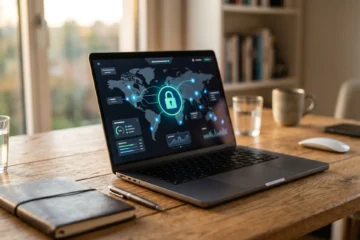 Écran d'ordinateur portable affichant une interface VPN avec carte du monde et cadenas numérique