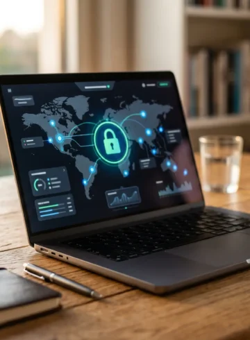 Écran d'ordinateur portable affichant une interface VPN avec carte du monde et cadenas numérique