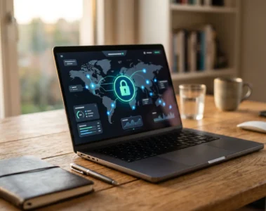 Écran d'ordinateur portable affichant une interface VPN avec carte du monde et cadenas numérique
