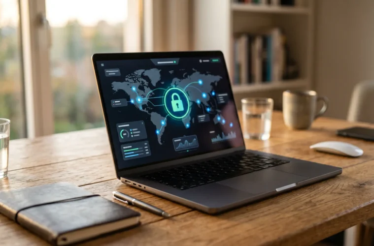 Écran d'ordinateur portable affichant une interface VPN avec carte du monde et cadenas numérique