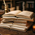 Pile de livres ouverts avec lumiere douce sur fond sombre, illustration du debat woke