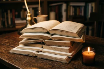 Pile de livres ouverts avec lumiere douce sur fond sombre, illustration du debat woke