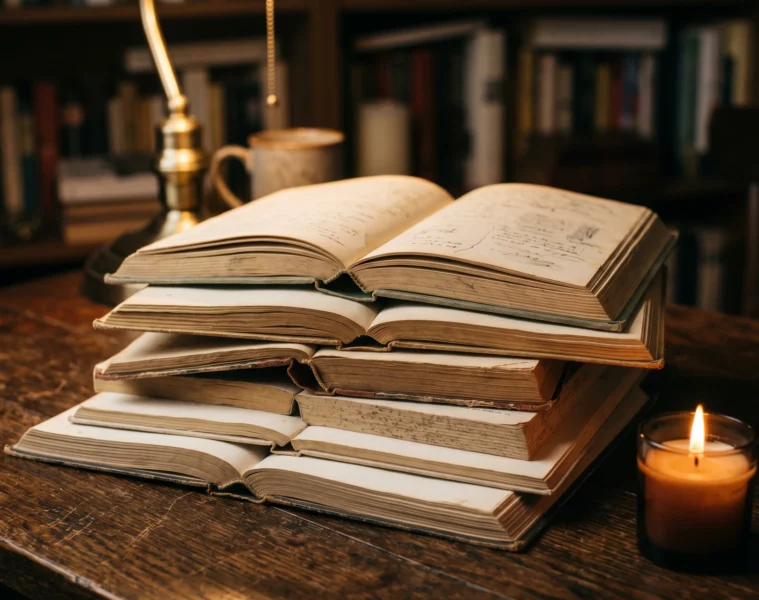 Pile de livres ouverts avec lumiere douce sur fond sombre, illustration du debat woke