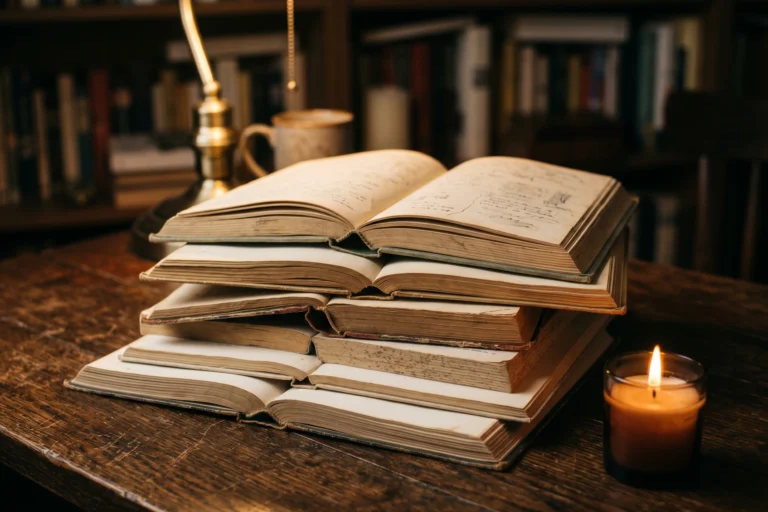 Pile de livres ouverts avec lumiere douce sur fond sombre, illustration du debat woke