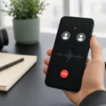 Smartphone affichant deux participants et un indicateur d’enregistrement d’appel
