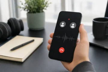 Smartphone affichant deux participants et un indicateur d’enregistrement d’appel
