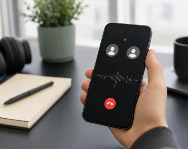 Smartphone affichant deux participants et un indicateur d’enregistrement d’appel