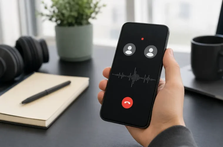 Smartphone affichant deux participants et un indicateur d’enregistrement d’appel