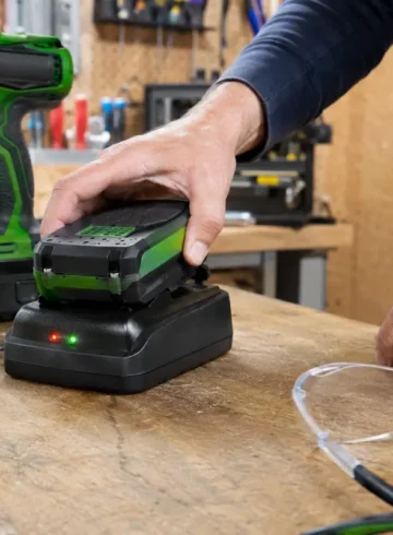 Bricoleur vérifiant une batterie dont le chargeur clignote rouge et vert.