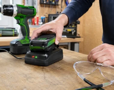 Bricoleur vérifiant une batterie dont le chargeur clignote rouge et vert.