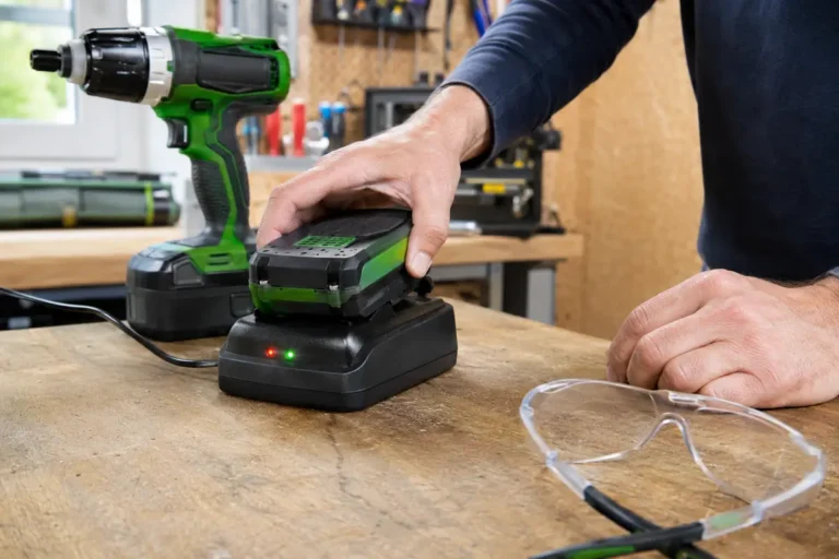 Bricoleur vérifiant une batterie dont le chargeur clignote rouge et vert.