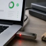 Clé USB métallique branchée à un ordinateur avec voyant rouge