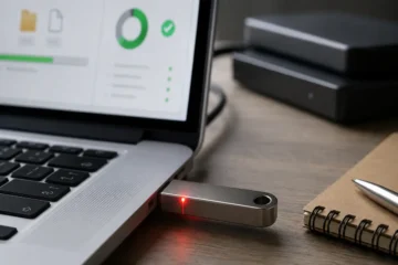 Clé USB métallique branchée à un ordinateur avec voyant rouge