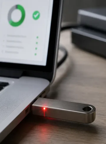 Clé USB métallique branchée à un ordinateur avec voyant rouge