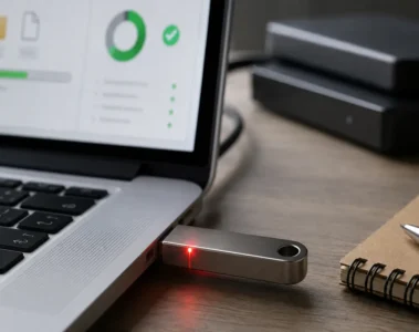 Clé USB métallique branchée à un ordinateur avec voyant rouge
