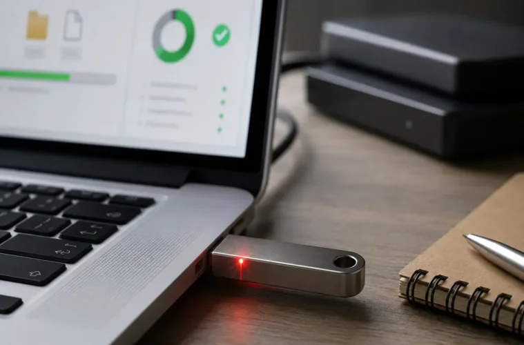 Clé USB métallique branchée à un ordinateur avec voyant rouge
