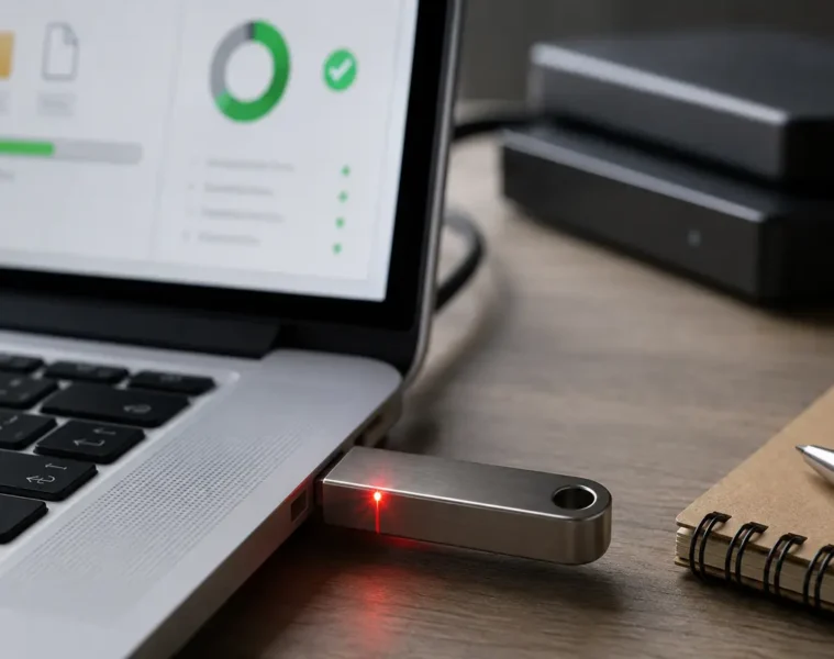 Clé USB métallique branchée à un ordinateur avec voyant rouge