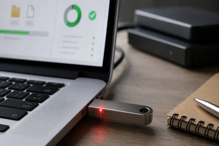 Clé USB métallique branchée à un ordinateur avec voyant rouge