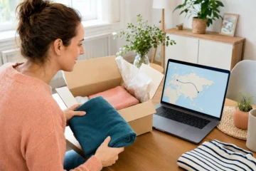 Cliente suivant le trajet international d’un colis de vêtements depuis l’Asie.