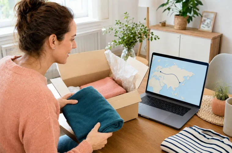 Cliente suivant le trajet international d’un colis de vêtements depuis l’Asie.