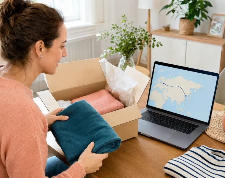 Cliente suivant le trajet international d’un colis de vêtements depuis l’Asie.