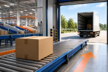 Colis quittant un entrepôt logistique en direction d’un camion