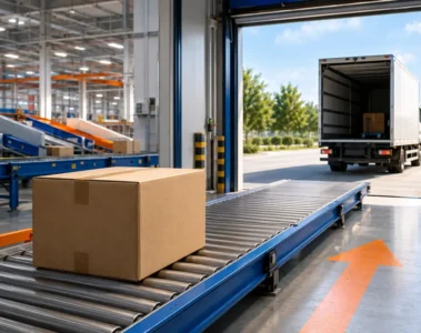 Colis quittant un entrepôt logistique en direction d’un camion