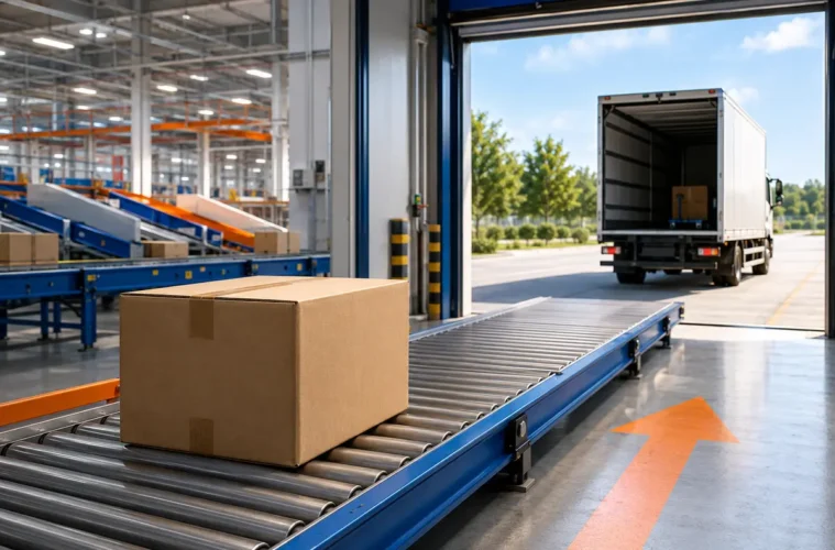 Colis quittant un entrepôt logistique en direction d’un camion