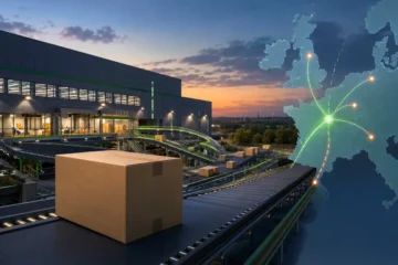 Colis dans un grand hub logistique relié à plusieurs destinations européennes