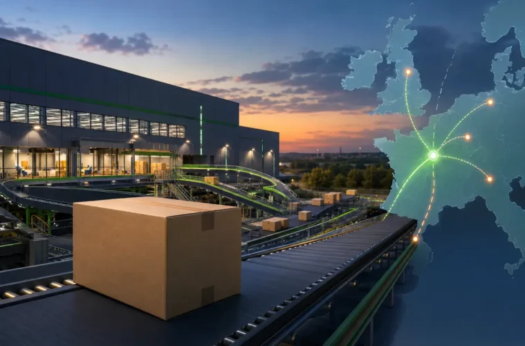 Colis dans un grand hub logistique relié à plusieurs destinations européennes