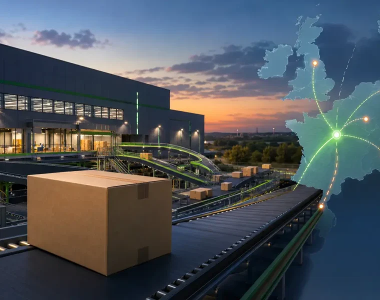 Colis dans un grand hub logistique relié à plusieurs destinations européennes