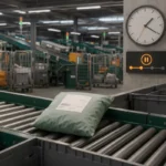 Petit colis textile en attente sur un convoyeur de centre de tri