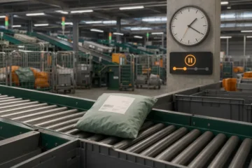 Petit colis textile en attente sur un convoyeur de centre de tri