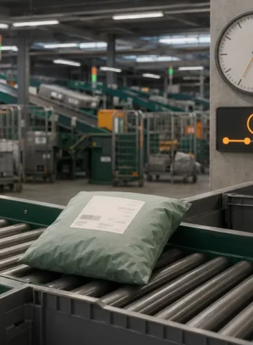 Petit colis textile en attente sur un convoyeur de centre de tri