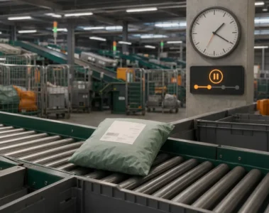 Petit colis textile en attente sur un convoyeur de centre de tri