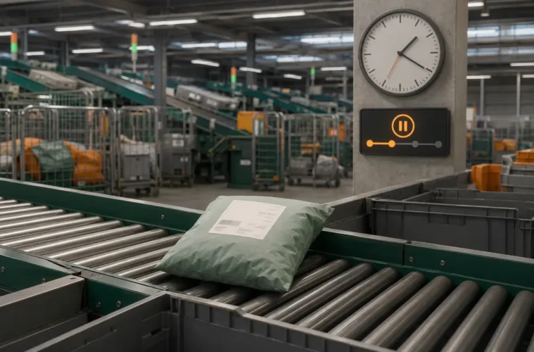 Petit colis textile en attente sur un convoyeur de centre de tri