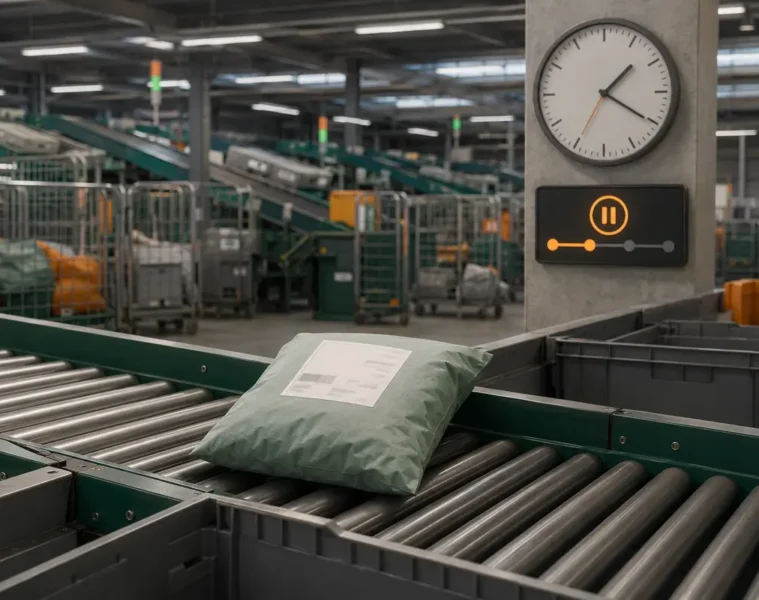 Petit colis textile en attente sur un convoyeur de centre de tri