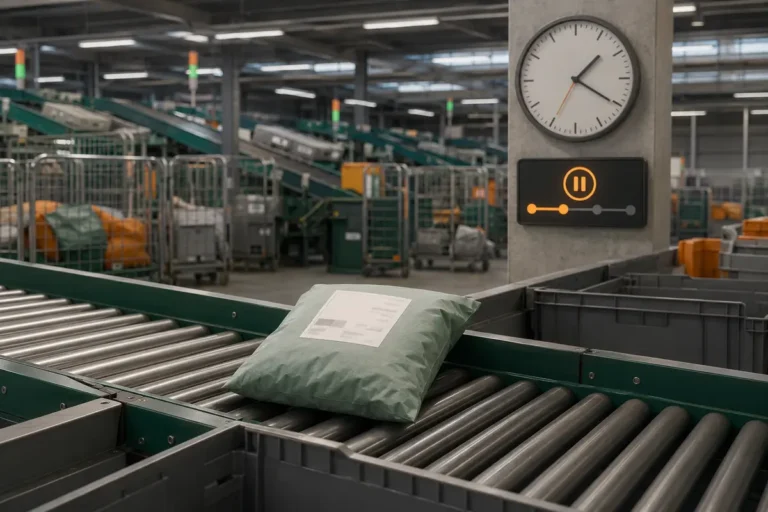 Petit colis textile en attente sur un convoyeur de centre de tri