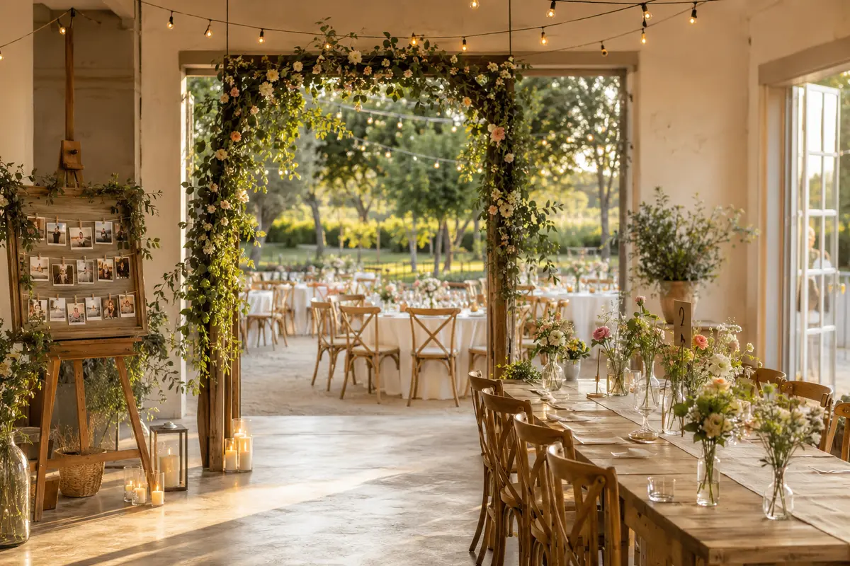 Décoration de réception de mariage avec arche fleurie, guirlandes et tables