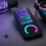 Téléphone avec jauge de stockage et fichiers audio près d’un casque