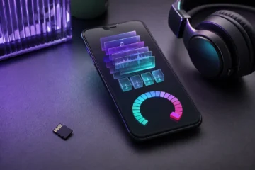 Téléphone avec jauge de stockage et fichiers audio près d’un casque
