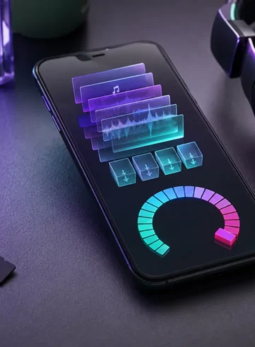 Téléphone avec jauge de stockage et fichiers audio près d’un casque
