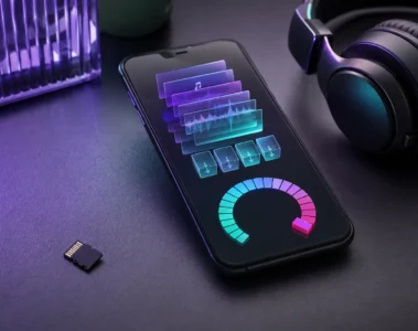 Téléphone avec jauge de stockage et fichiers audio près d’un casque