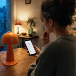Femme consultant l’activité récente d’un vendeur avant d’acheter une lampe d’occasion.