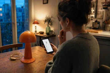 Femme consultant l’activité récente d’un vendeur avant d’acheter une lampe d’occasion.